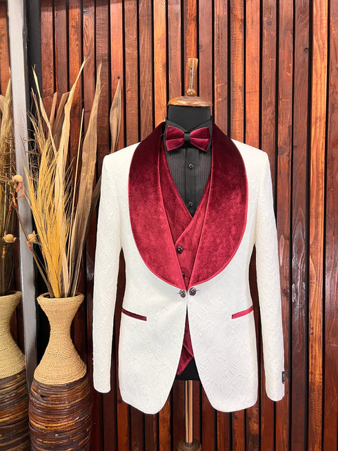 Mens White Tuxedo with Burgundy velvet lapel Slim fit 3 piece Tuxedo | Premium