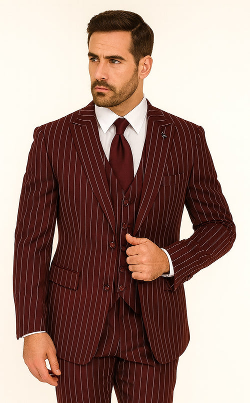 Mens 2 Button Vested 3 Piece Gangster Bold Pinstripe Suit in Burgundy