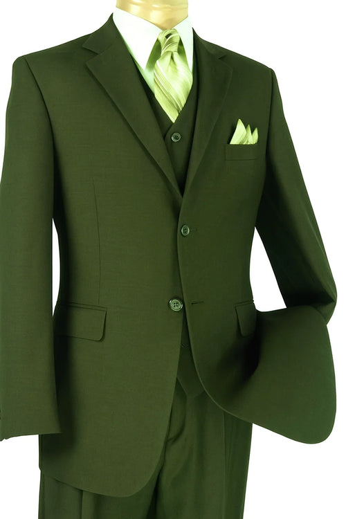 Mens 2 Button Vested Basic Wool Feel Suit in Olive