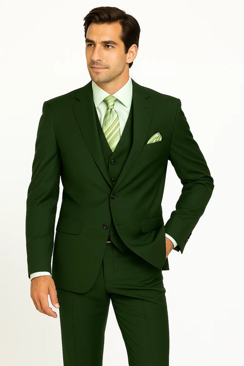Mens 2 Button Vested Basic Wool Feel Suit in Olive