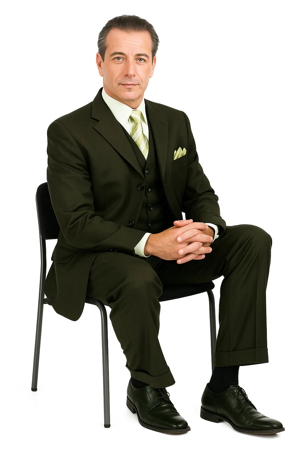 Mens 2 Button Vested Basic Wool Feel Suit in Olive