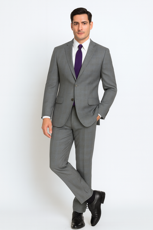 Mens 2 Button Peak Lapel Modern Plaid Suit in Grey