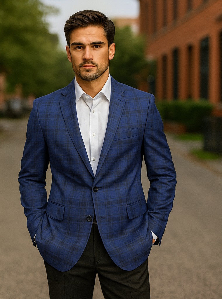 Mens Blue And Black Plaid Sport Coat
