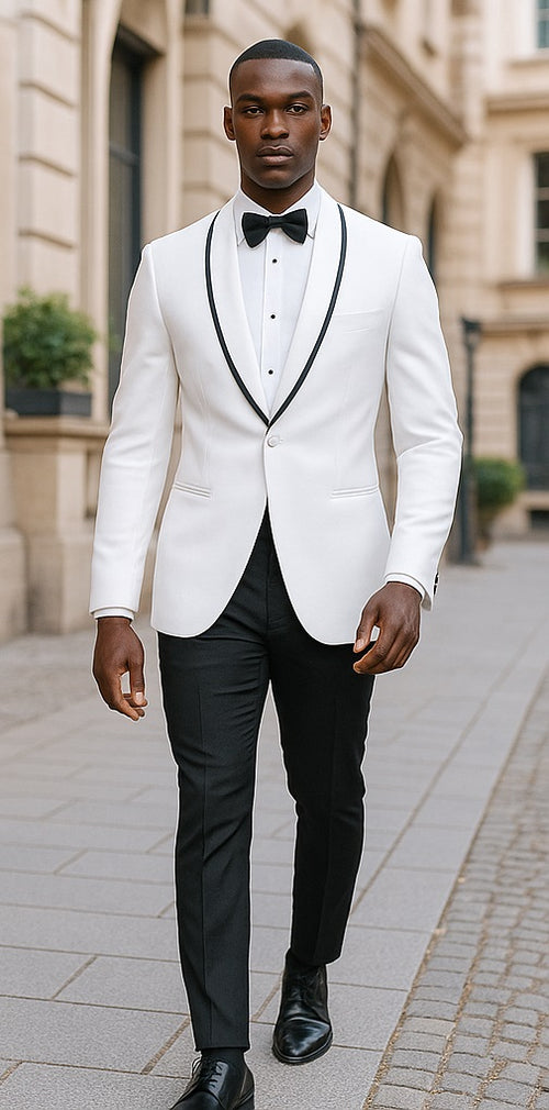 Mens Designer Traditional Shawl Dinner Jacket in White & Black