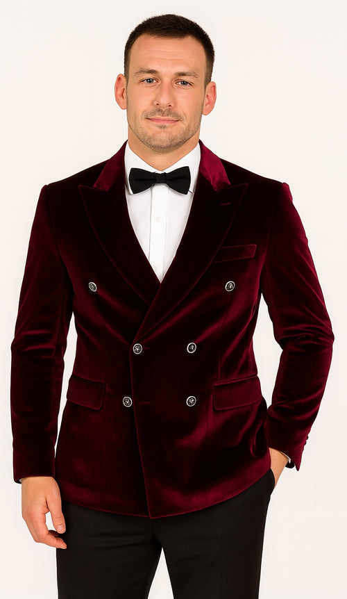 Mens Double Breasted Velvet Blazer - Burgundy blazer