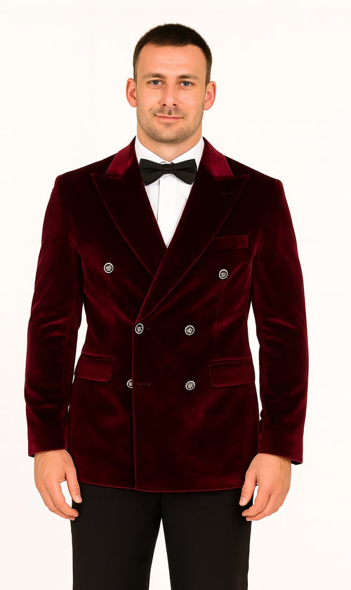 Mens Double Breasted Velvet Blazer - Burgundy blazer
