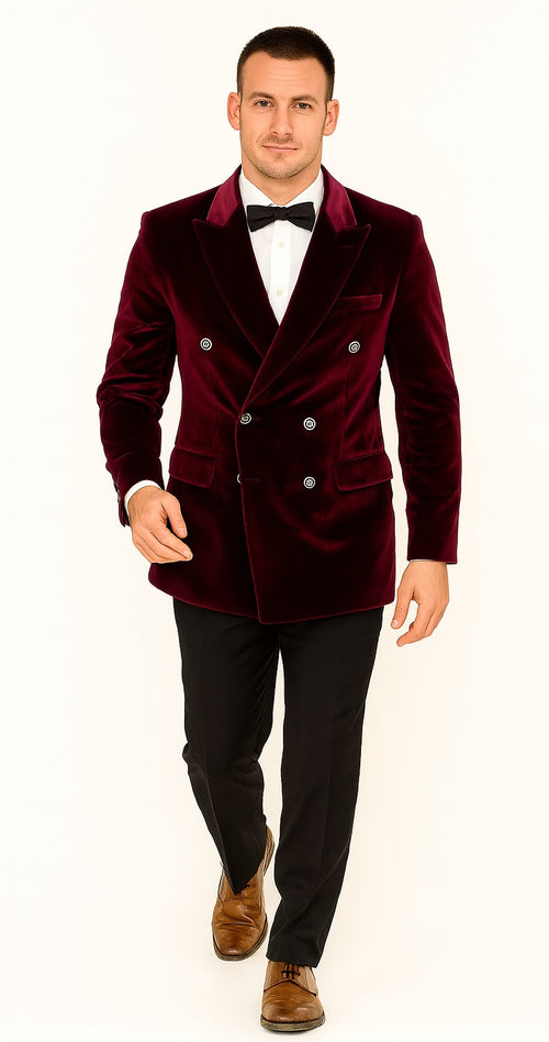 Mens Double Breasted Velvet Blazer - Burgundy blazer