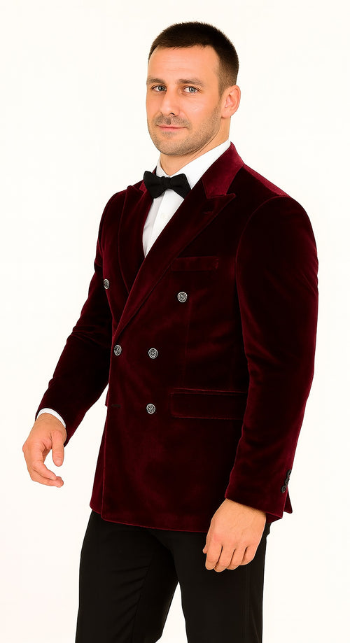 Mens Double Breasted Velvet Blazer - Burgundy blazer