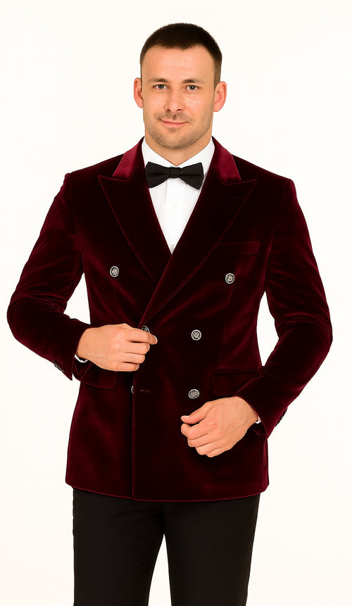 Mens Double Breasted Velvet Blazer - Burgundy blazer