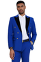 Men's double-breasted wedding suit: vibrant blue jacket with black velvet peak lapel, gold buttons, fitted cut. Matching blue trousers. Smooth, structured fabric.

