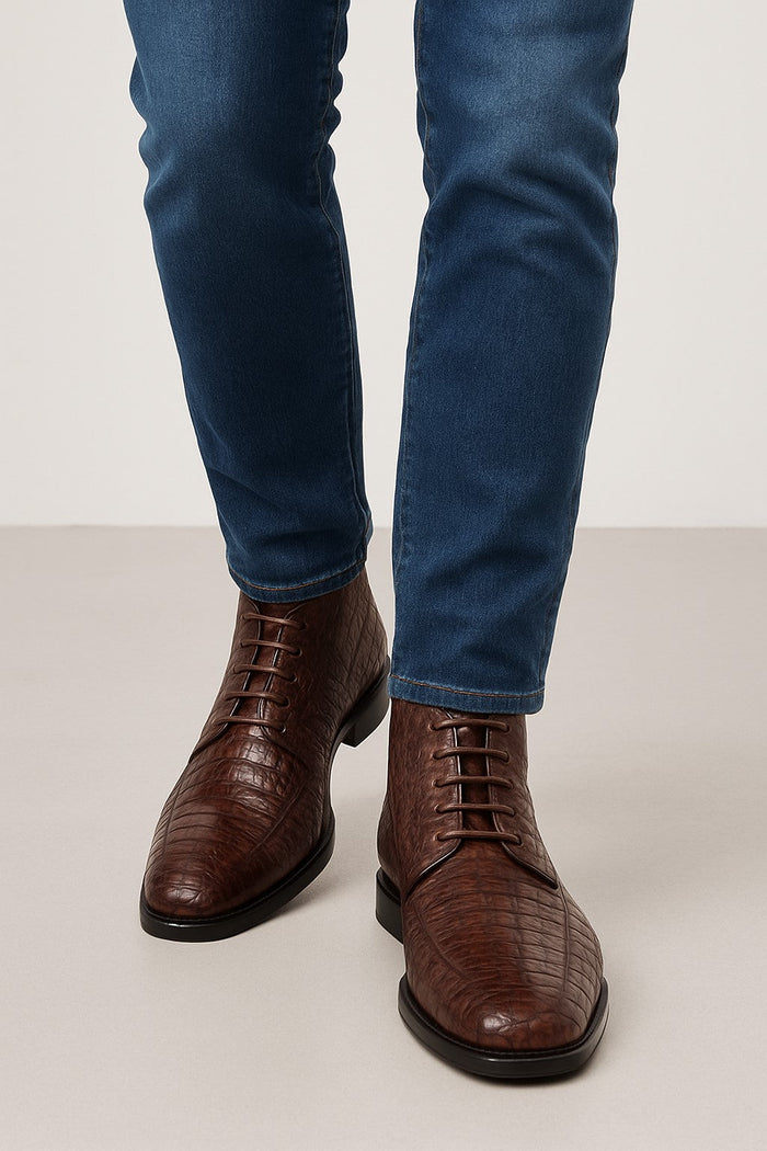 Mens Dress Ankle Boots Los Altos Boots Short Cowboy Boot - Western Ankle Boots Exotic Skin + Brown + Skin Type