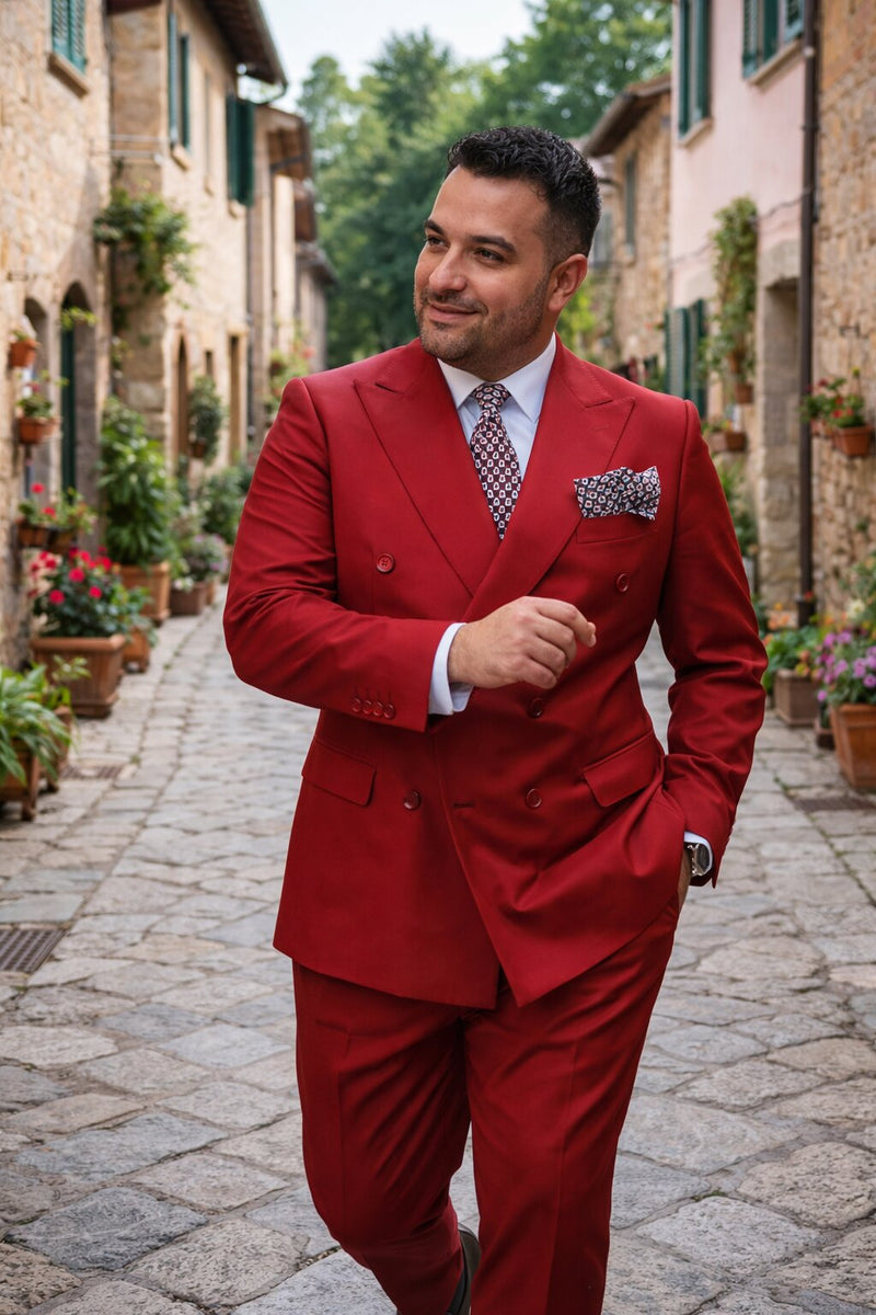 Mens Modern Double Breasted Peak Lapel Suit in Red