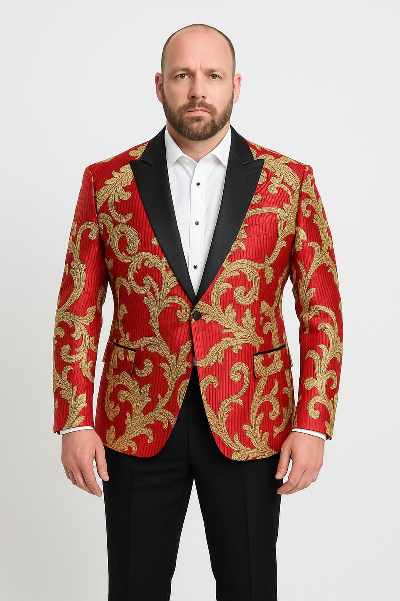 Mens Red and Gold Embroidered Tuxedo Blazer â€“ Baroque Style One Button Dinner Jacket with Black Satin Lapel