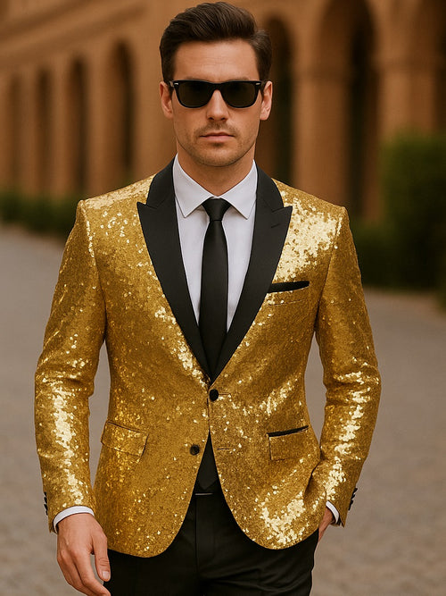 Mens Sequin  Suit Gold Tuxedo - Party Suits - Stage Suit