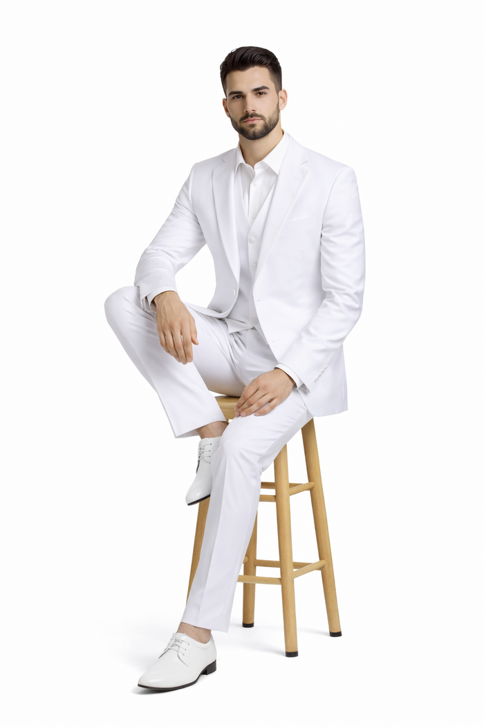 Mens Stacy Adams Suits - Designer Suit - 3 Piece Suit - Vested Suit - Flat Front Pant- Modern Fit Suits White Suit