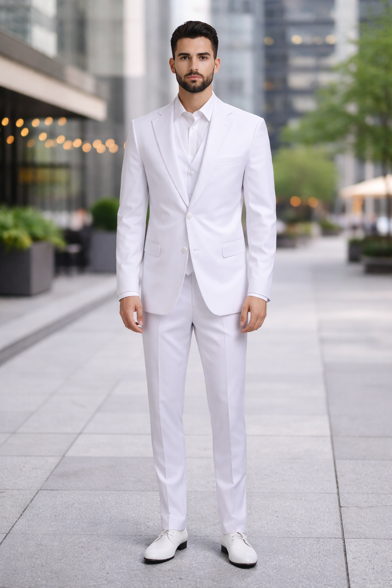 Mens Stacy Adams Suits - Designer Suit - 3 Piece Suit - Vested Suit - Flat Front Pant- Modern Fit Suits White Suit
