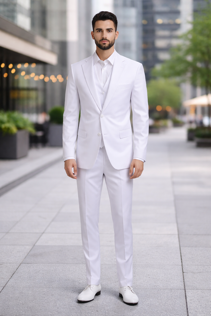Mens Stacy Adams Suits - Designer Suit - 3 Piece Suit - Vested Suit - Flat Front Pant- Modern Fit Suits White Suit