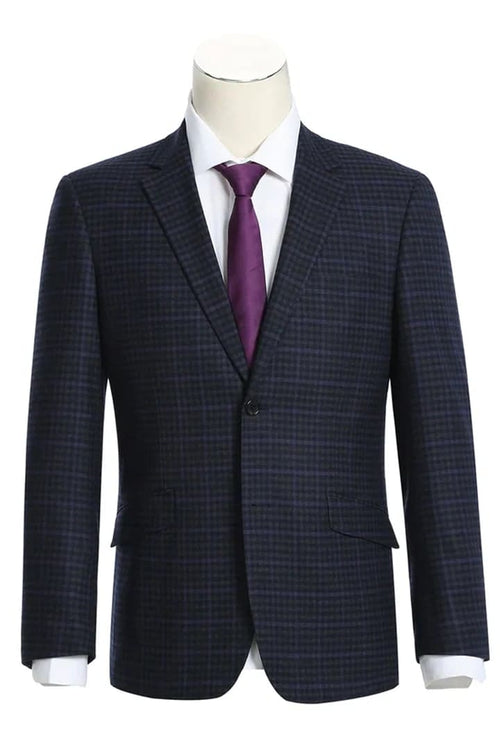 Mens Plaid Suit - Patterned Business Suit - Mens Two Button Slim Fit Two Piece Wool Suit In Navy Blue & Purple Micro Check Plaid