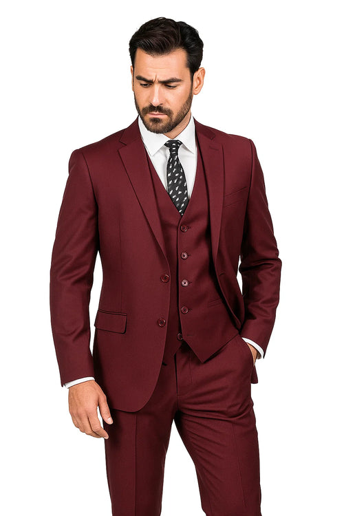 Mens Vested Slim Fit Wool Feel Suit in Burgundy