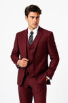 Mens Vested Slim Fit Wool Feel Suit in Burgundy