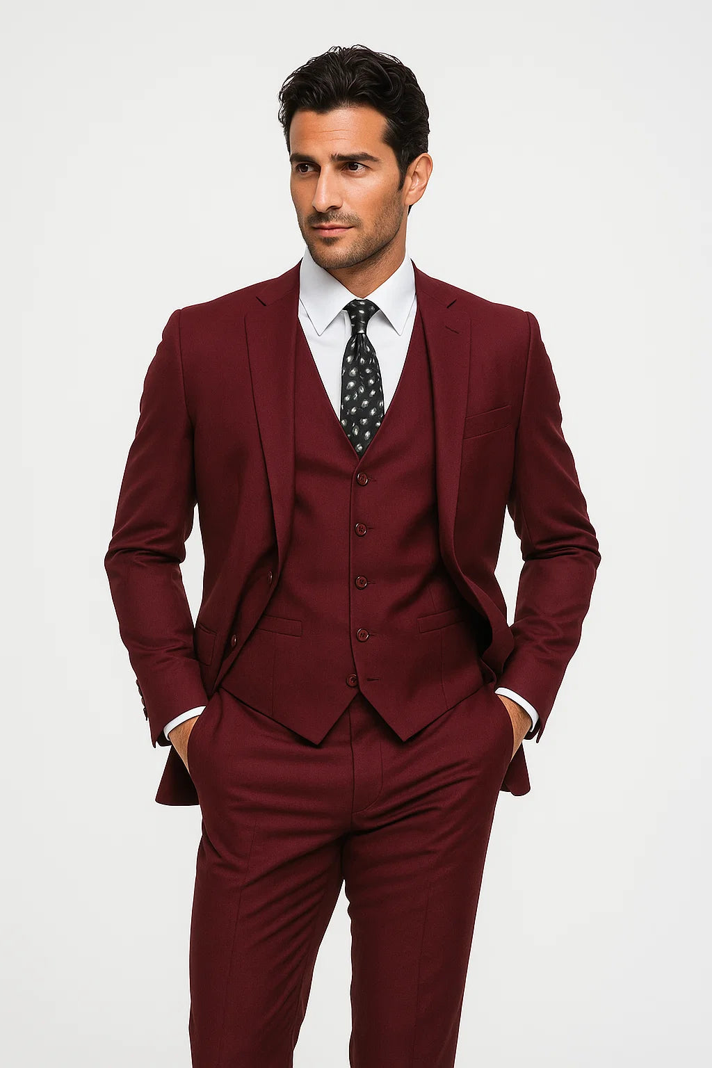 Mens Vested Slim Fit Wool Feel Suit in Burgundy