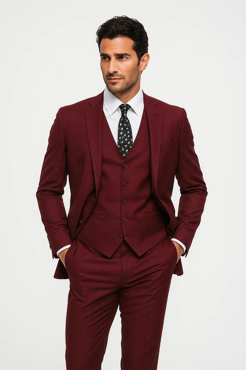 Mens Vested Slim Fit Wool Feel Suit in Burgundy