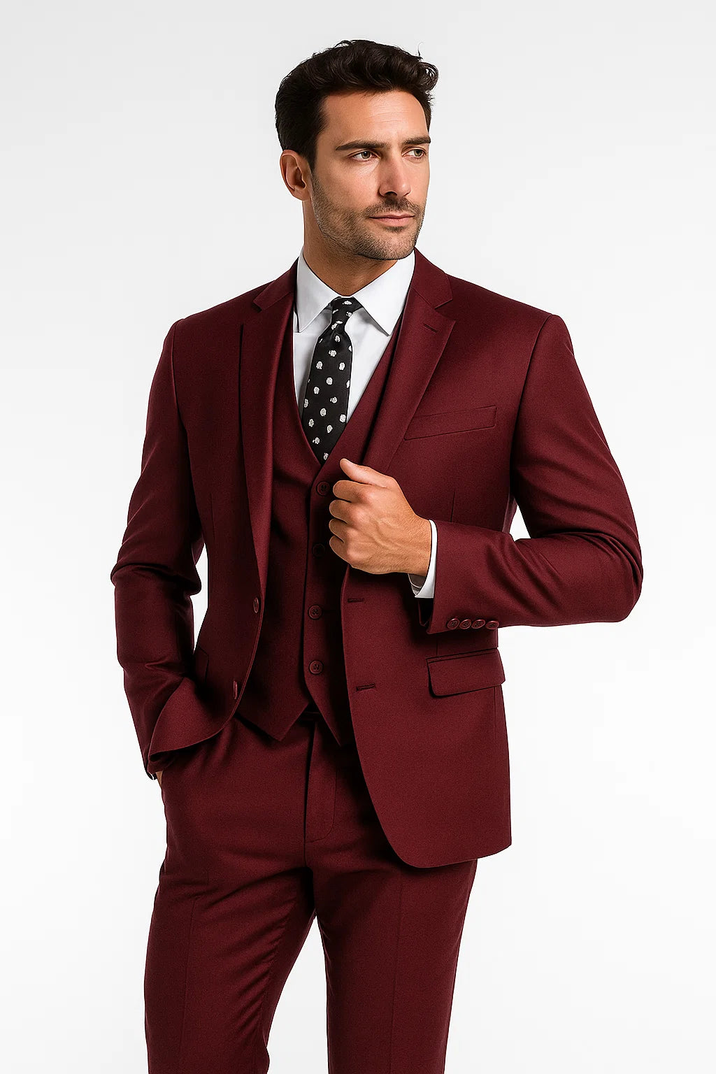 Mens Vested Slim Fit Wool Feel Suit in Burgundy