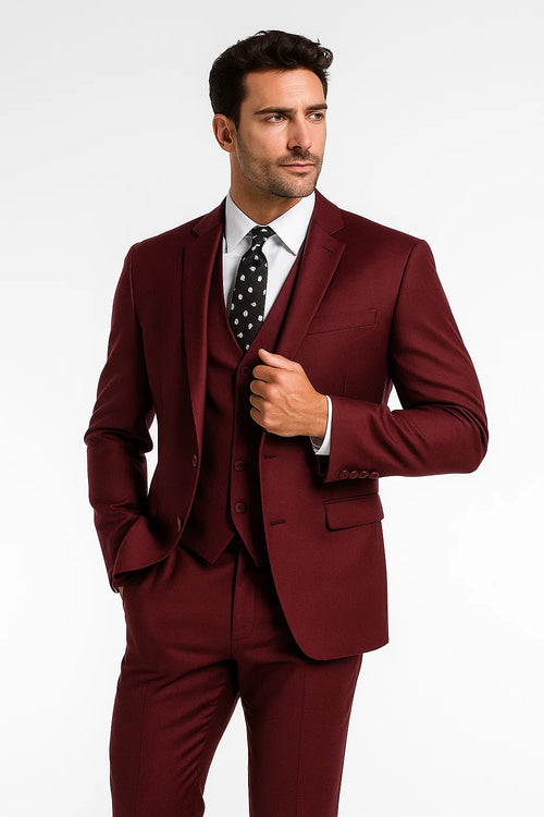Mens Vested Slim Fit Wool Feel Suit in Burgundy