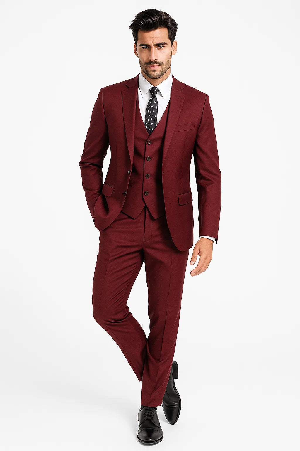 Mens Vested Slim Fit Wool Feel Suit in Burgundy