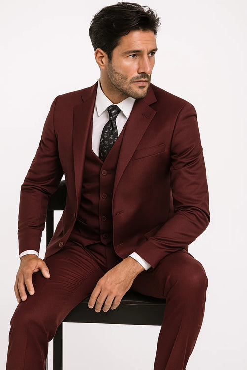 Mens Vested Slim Fit Wool Feel Suit in Burgundy
