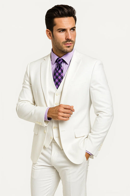 Mens Vested Slim Fit Wool Feel Suit in White