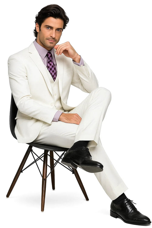 Mens Vested Slim Fit Wool Feel Suit in White