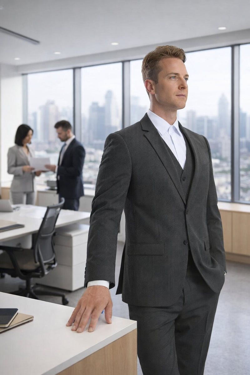 Mens Jacket + Pants Summer Seersucker Suit in Black on Black Pinstripe