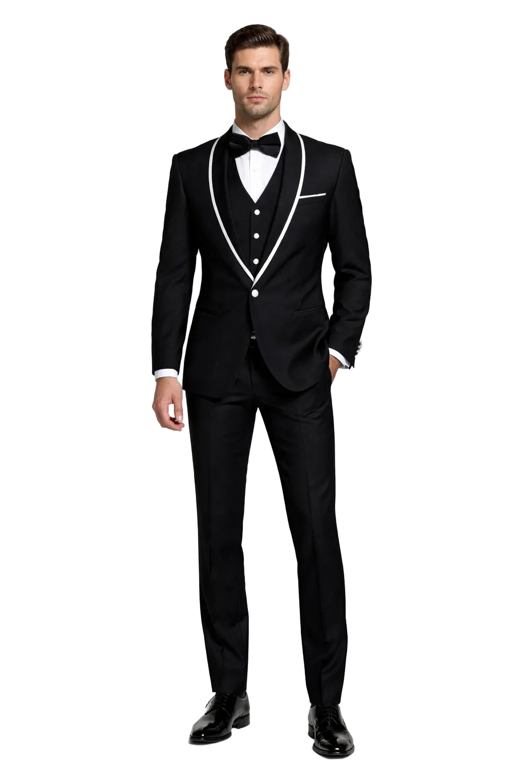 Mens One Button Satin Trim Shawl Tuxedo in Black & White