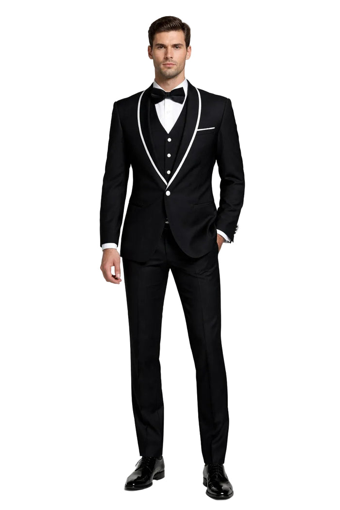 Mens One Button Satin Trim Shawl Tuxedo in Black & White