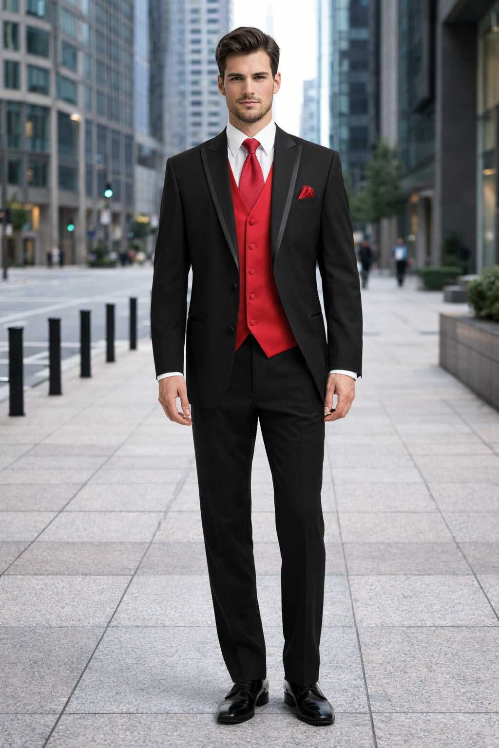 Black Suit With Red Vest and Tie Set