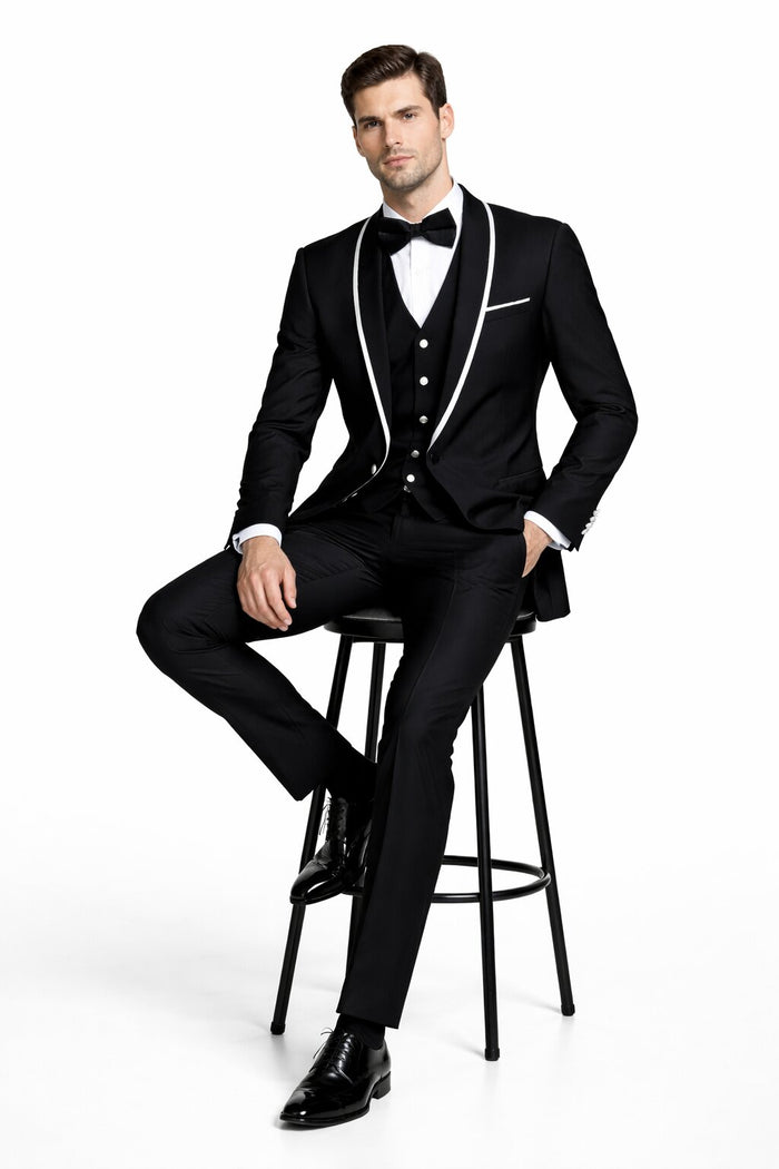 Mens One Button Satin Trim Shawl Tuxedo in Black & White