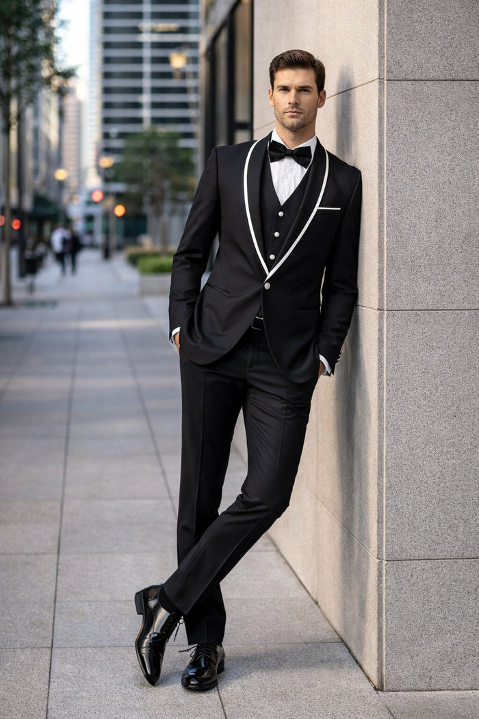 Mens One Button Satin Trim Shawl Tuxedo in Black & White