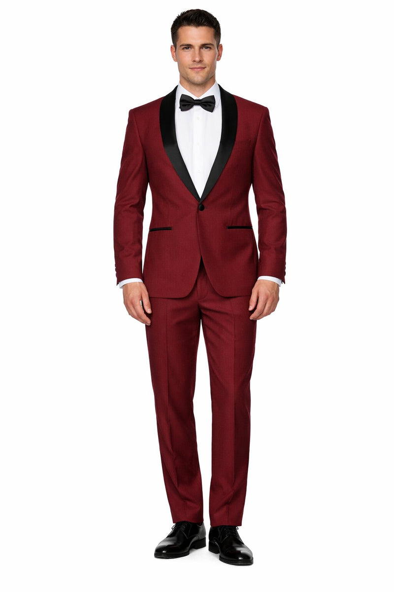 Mens Slim Fit 1 Button Shawl Tuxedo in Burgundy