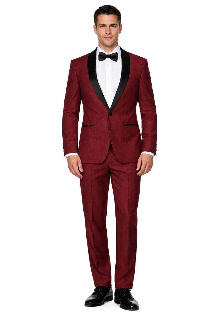 Mens Slim Fit 1 Button Shawl Tuxedo in Burgundy