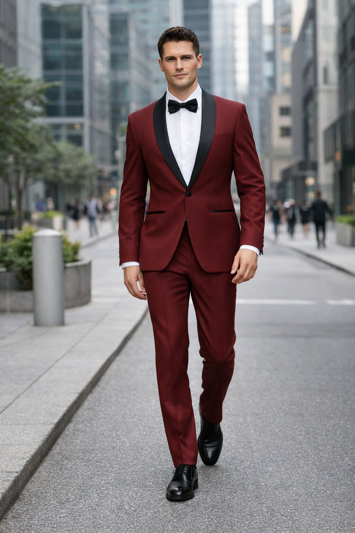 Mens Slim Fit 1 Button Shawl Tuxedo in Burgundy
