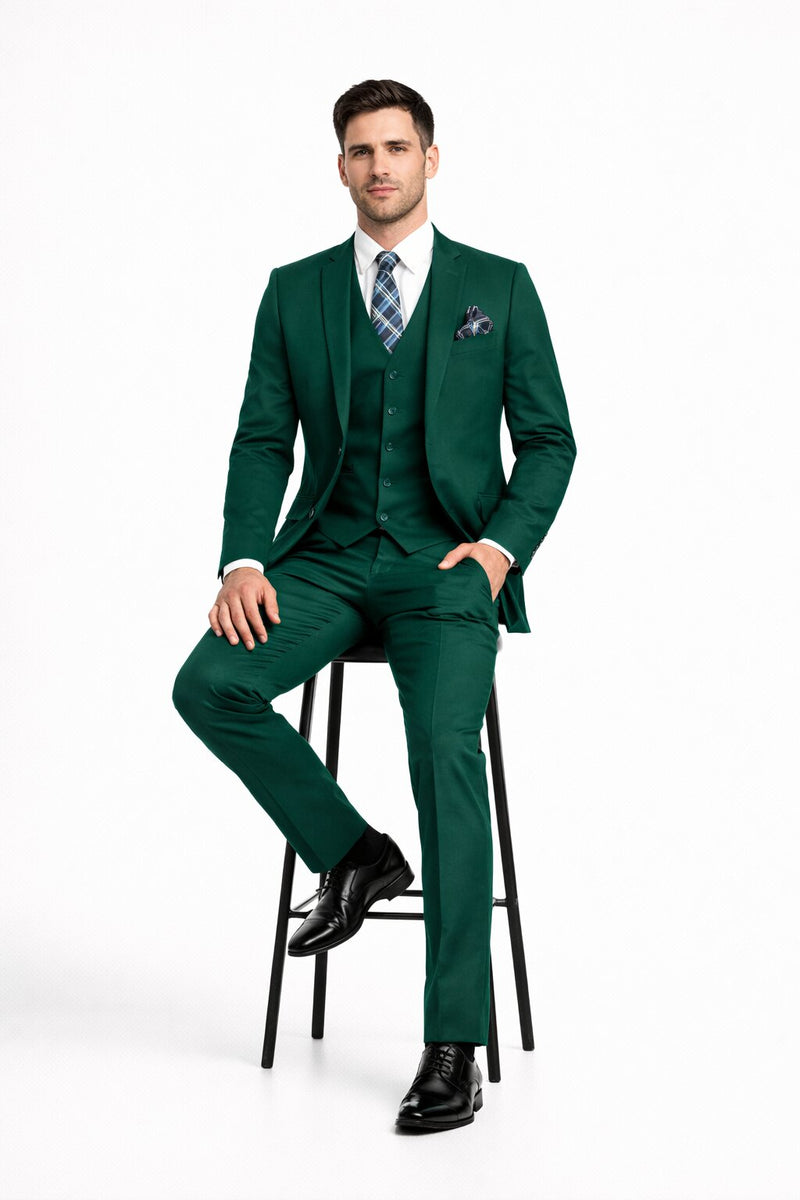 Mens Forest Green 3 Piece 2 Button Slim Fit Suit