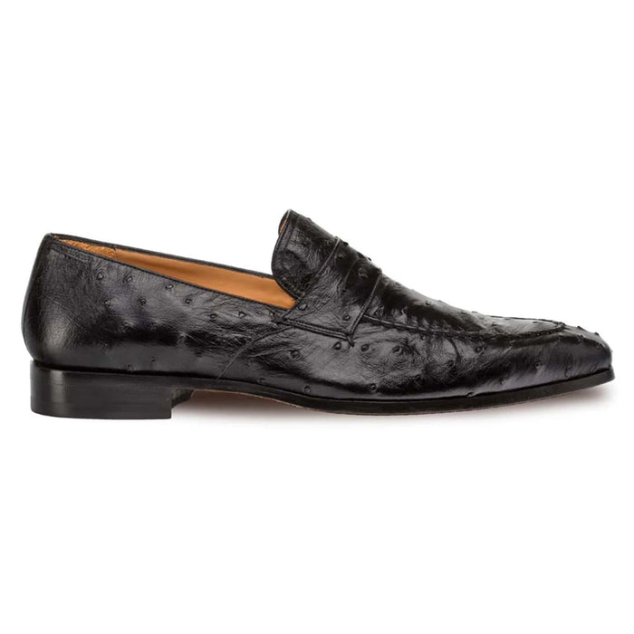 Mezlan Lisbon loafer: Black ostrich leather slip-on with a sleek, elongated shape and slightly pointed toe. Features textured quill bumps, low heel, smooth lining, and flat sole. Simple and refined design.
