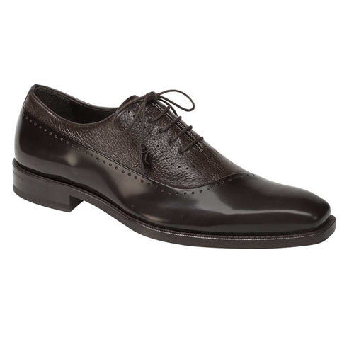 Mezlan Potsdam oxford in dark brown calfskin with cap toe and textured leather detailing. Features decorative perforations and a smooth sole with a subtle heel. Stylish and sophisticated.
