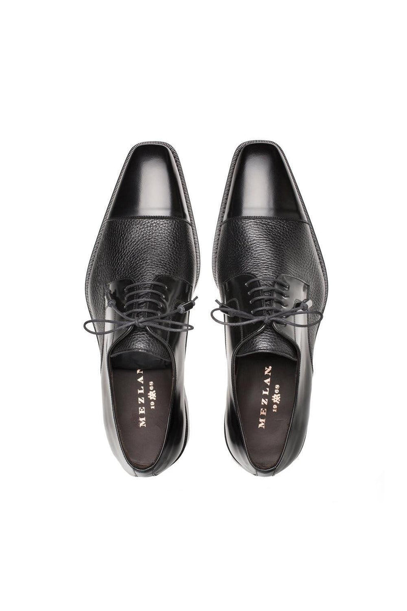 Mens Mezlan Cap-Toe Dress Lace-Up Blending Supple Textured Deerskin And Polished Calfskin With An Elegant Tassel Detail In Color Black
