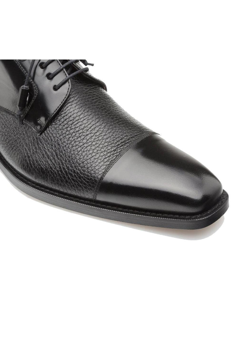 Mens Mezlan Cap-Toe Dress Lace-Up Blending Supple Textured Deerskin And Polished Calfskin With An Elegant Tassel Detail In Color Black