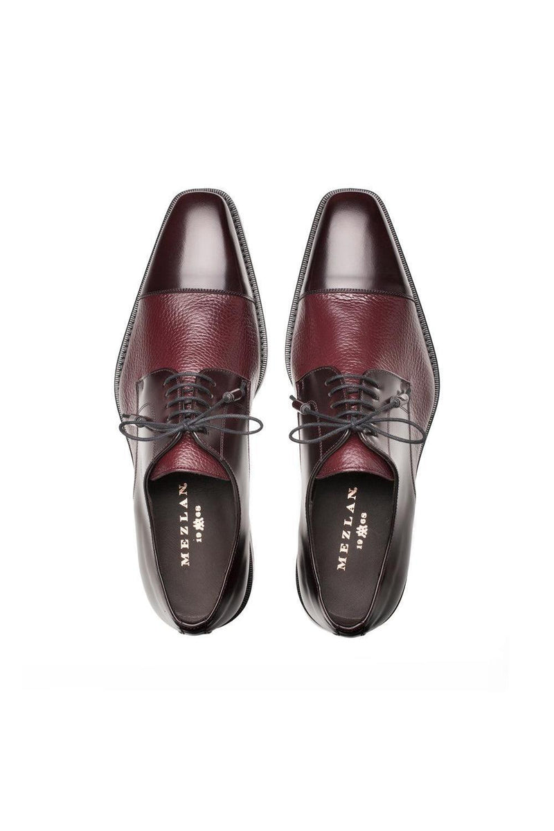 Mens Mezlan Cap-Toe Dress Lace-Up Blending Supple Textured Deerskin And Polished Calfskin With An Elegant Tassel Detail In Color Burgundy