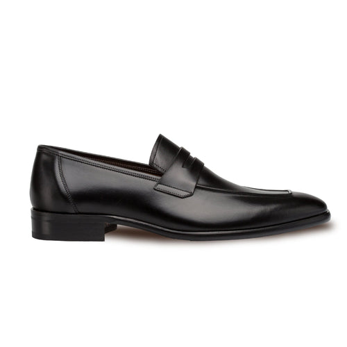 Mezlan classic black penny loafers for men. Crafted from calfskin, they boast a sleek, elongated shape, low heel, and glossy black finish with the signature penny strap.
