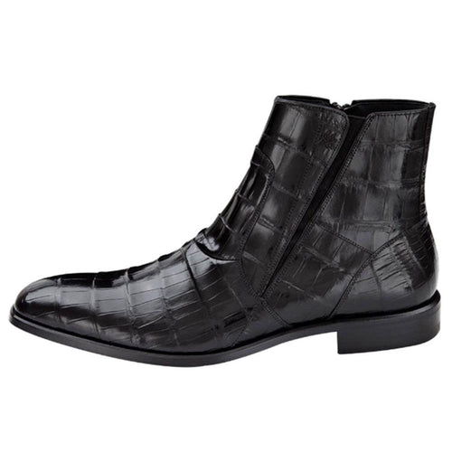 Mezlan Belucci black alligator boots: ankle-height, pointed toe, shiny black finish. Genuine alligator skin pattern. Side zipper for easy wear, flat sole. Streamlined, sophisticated silhouette.
