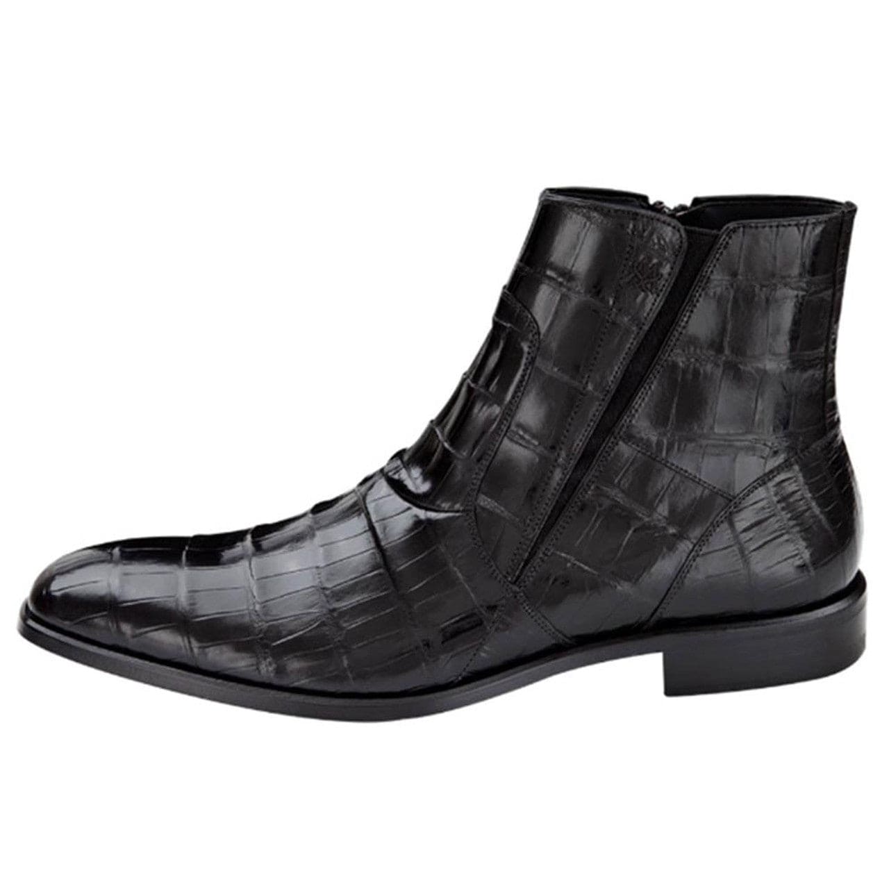 Mezlan Belucci black alligator boots: ankle-height, pointed toe, shiny black finish. Genuine alligator skin pattern. Side zipper for easy wear, flat sole. Streamlined, sophisticated silhouette.
